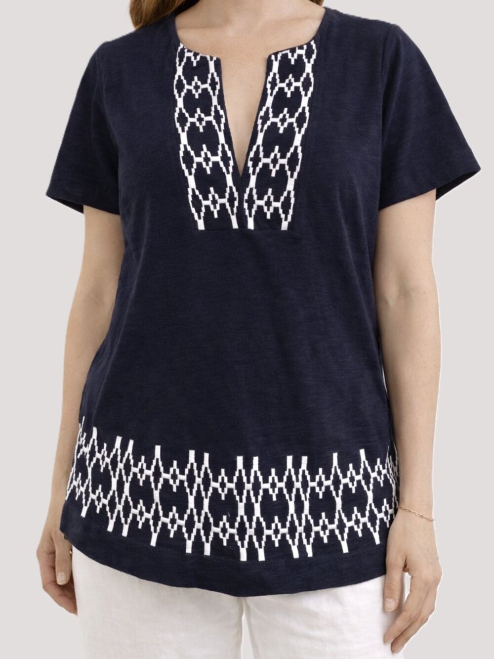J.Crew Tunic Top Short Sleeve 100% Cotton Blue Embroidered Women Split V Size XS